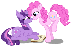 Size: 896x576 | Tagged: safe, artist:fairydraft, pinkie pie, twilight sparkle, g4, book