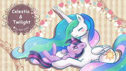 Size: 1366x768 | Tagged: safe, artist:yodachan, princess celestia, twilight sparkle, alicorn, pony, g4, blushing, female, hug, lesbian, mare, momlestia, ship:twilestia, shipping, twilight sparkle (alicorn)