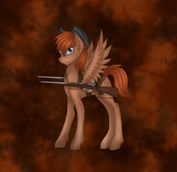 Size: 900x871 | Tagged: safe, artist:derpsonhooves, oc, oc only, oc:calamity, pegasus, pony, fallout equestria, battle saddle, dashite, fanfic, fanfic art, gun, hat, hooves, male, rifle, solo, stallion, weapon, wings