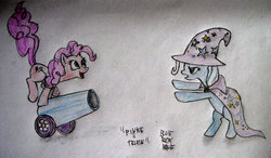 Size: 1024x599 | Tagged: safe, artist:blueboxdave, pinkie pie, trixie, g4, duel, party cannon
