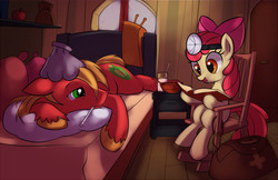 Size: 500x323 | Tagged: safe, artist:gsphere, apple bloom, big macintosh, earth pony, pony, g4, bed, head mirror, ice pack, male, reading, sick, stallion, thermometer