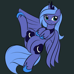 Size: 800x800 | Tagged: source needed, safe, artist:kloudmutt, princess luna, alicorn, pony, g4, alternative cutie mark placement, blushing, crown, female, hoof shoes, inner thigh cutie mark, jewelry, mare, peytral, regalia, s1 luna, simple background, smiling, solo