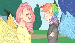 Size: 1070x621 | Tagged: safe, artist:sir-limon, fluttershy, rainbow dash, human, g4, clothes, crossed arms, duo, female, frown, hoodie, humanized, scene interpretation, shirt, smiling, winged humanization, wings