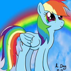 Size: 1024x1024 | Tagged: safe, artist:hllday, rainbow dash, pegasus, pony, g4, female, happy, looking up, rainbow, rainbow eyes, solo