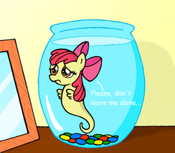 Size: 573x500 | Tagged: safe, artist:manulis, apple bloom, sea pony, g4, adorabloom, cute, female, fish bowl, flowing mane, lonely, ribbon, sad, seaponified, solo, species swap, swimming, underwater, water