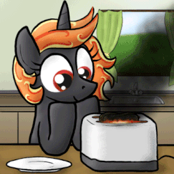 Size: 355x355 | Tagged: source needed, safe, artist:paper-pony, oc, oc only, oc:incendia, pony, unicorn, fanfic:antipodes, animated, burning, female, solo, some men just want to watch the world burn, toaster