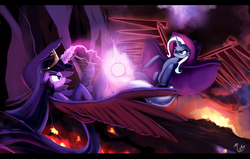 Size: 1100x698 | Tagged: safe, artist:ciscoql, artist:gsphere, trixie, twilight sparkle, alicorn, pony, g4, angry, artificial wings, augmented, collaboration, female, fight, flying, magic, magic wings, mare, twilight sparkle (alicorn), wings