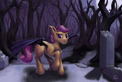 Size: 1800x1216 | Tagged: safe, artist:zevironmoniroth, scootaloo, bat pony, pony, g4, bat ponified, fangs, forest, scootabat