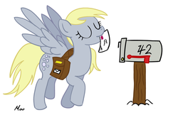 Size: 1050x680 | Tagged: safe, derpy hooves, pegasus, pony, g4, 42, bag, eyes closed, female, letter, mare, mouth hold, solo