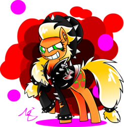 Size: 1406x1436 | Tagged: safe, artist:mushroomcookiebear, applejack, g4, badass, bracelet, clothes, ear fluff, leather jacket, messy hair, smiling, spiked wristband, spikes
