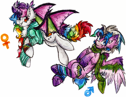Size: 1857x1424 | Tagged: dead source, safe, artist:php166, oc, oc only, oc:daydream, oc:lucid wing, bat pony, pegasus, pony, cutie mark, female, male, mare, rainbow, stallion, wings