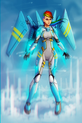 Size: 1280x1920 | Tagged: safe, artist:asimos, rainbow dash, human, g4, armor, clothes, ear piercing, flight suit, floating, flying, humanized, jetpack, piercing, powered exoskeleton, sky, wings