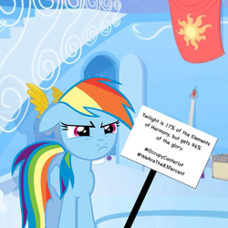 Size: 720x720 | Tagged: safe, rainbow dash, g4, 83%, background pony strikes again, drama, mouthpiece, op is a duck, op is trying to start shit, protest, twilicorn spotlight drama