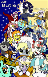 Size: 800x1280 | Tagged: safe, artist:pen-mightier, coco pommel, derpy hooves, dinky hooves, gilda, iron will, lightning dust, lyra heartstrings, spitfire, trixie, bat pony, dragon, griffon, human, pony, g4, butler, clothes, fanfic art, fanfic cover, maid