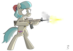 Size: 2300x1600 | Tagged: safe, artist:pandramodo, coco pommel, earth pony, pony, g4, bipedal, female, gun, m4, missing accessory, rifle, shooting, simple background, solo, transparent background, weapon