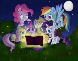 Size: 1000x781 | Tagged: safe, artist:xwreathofroses, applejack, fluttershy, pinkie pie, rainbow dash, rarity, twilight sparkle, g4, book, reading