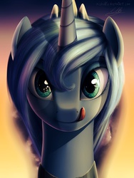 Size: 3086x4096 | Tagged: safe, artist:michellka, princess luna, g4, female, high res, looking at you, portrait, s1 luna, solo, tongue out