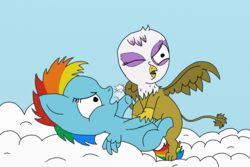 Size: 1800x1200 | Tagged: safe, artist:halflingpony, gilda, rainbow dash, griffon, g4, chick, duo, fight, filly, younger