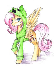 Size: 768x968 | Tagged: safe, artist:galaxytwentysix, fluttershy, pegasus, pony, g4, clothes, creepershy, female, hoodie, mare, minecraft, solo, traditional art