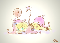 Size: 1578x1116 | Tagged: safe, artist:kuang-han, fluttershy, butterfly, g4, bit gag, bondage, bound wings, female, fluttershy is not amused, gag, pixiv, rope, solo, sweat, unamused