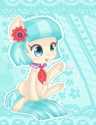 Size: 768x996 | Tagged: safe, artist:xangelheartx, coco pommel, g4, cocobetes, cute, female, heart, mouth hold, needle, solo, thread