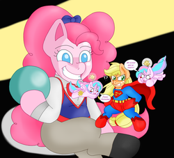Size: 1592x1444 | Tagged: safe, artist:blackbewhite2k7, applejack, pinkie pie, alicorn, pony, g4, :3, app-el, bipedal, black background, blush sticker, blushing, bomb, chibi, clothes, costume, crossover, doll, fight, flying, frown, glare, grin, gritted teeth, hoof hold, my wings are so pretty, open mouth, parody, pinklestia, simple background, smiling, smirk, spread wings, superman, supermare, toyman, wide eyes, wings