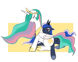 Size: 1000x800 | Tagged: safe, artist:shunji, princess celestia, princess luna, g4, cuddling, eyes closed, floppy ears, frown, looking at you, pixiv, prone, sad, sitting, smiling, snuggling