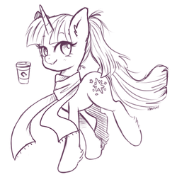 Size: 1024x1024 | Tagged: dead source, safe, artist:hawthornss, twilight sparkle, pony, unicorn, g4, clothes, coffee, female, looking at you, monochrome, ponytail, scarf, solo, unicorn twilight, walking