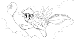 Size: 1111x599 | Tagged: safe, artist:mewball, derpy hooves, pegasus, pony, g4, balloon, cloud, cloudy, female, grayscale, mare, monochrome, solo