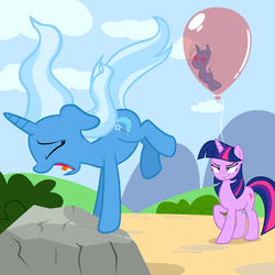 Size: 3250x3250 | Tagged: safe, artist:navitaserussirus, trixie, twilight sparkle, pony, unicorn, g4, abuse, balloon, evil smile, evil twilight, float, floating, high res, pure unfiltered evil, trixiebuse, twibitch sparkle, voodoo, voodoo doll