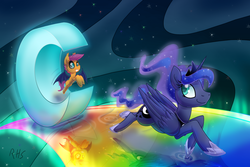 Size: 1800x1200 | Tagged: safe, artist:14dreamer, princess luna, scootaloo, alicorn, bat pony, pony, g4, bat ponified, c, race swap, rainbow road, scootabat, student of the night