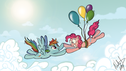Size: 1920x1080 | Tagged: safe, artist:nadyad, pinkie pie, rainbow dash, g4, balloon, then watch her balloons lift her up to the sky