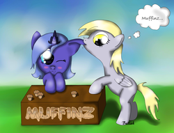 Size: 3684x2812 | Tagged: safe, artist:izelyca, derpy hooves, princess luna, pegasus, pony, g4, ear bite, female, high res, mare, muffin, solo