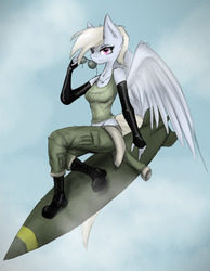 Size: 830x1072 | Tagged: safe, artist:ninjapony, oc, oc only, oc:cirrus skybreaker, pegasus, anthro, anthro oc, boots, clothes, falling, fingerless gloves, gloves, military uniform, missile, sitting, sky, sunglasses, tank top