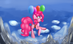 Size: 2400x1440 | Tagged: dead source, safe, artist:shamanguli, pinkie pie, g4, balloon, female, mountain, solo, then watch her balloons lift her up to the sky