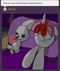 Size: 828x976 | Tagged: safe, artist:datte-before-dawn, angel bunny, oc, oc:righty tighty, pony, rabbit, g4, aftersex, animal, bed, cigar, female, funny, implied bestiality, implied interspecies, like a boss, male, mare, money, pillow, pillow talk, prostitution, ruined for marriage, smoking, traumatized, tumblr, wat
