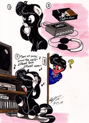 Size: 1280x1760 | Tagged: safe, artist:newyorkx3, oc, oc only, oc:tommy, oc:tommy junior, earth pony, human, pony, cassette player, celine dion, colt, comic, compact cassette, eyes closed, father, headphones, lyrics, male, music notes, non-mlp oc, question mark, self insert, singing, son, song reference, text, traditional art, walkman