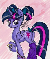 Size: 1025x1204 | Tagged: safe, artist:newyorkx3, twilight sparkle, alicorn, pony, g4, 80s, alternate hairstyle, bracelet, butt, female, leg warmers, mare, markers, pigtails, plot, solo, tail bow, traditional art, twibutt, twilight sparkle (alicorn), twintails