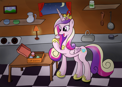 Size: 1200x855 | Tagged: safe, artist:milanoss, princess cadance, alicorn, pony, g4, concave belly, cupcake, eating, female, hoof hold, indoors, kitchen, lamp, looking at something, mare, night, open mouth, sink, slender, solo, standing, stove, table, thin