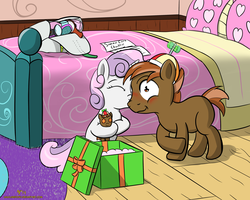 Size: 3000x2400 | Tagged: safe, artist:halflingpony, button mash, sweetie belle, earth pony, pony, unicorn, g4, bed, blushing, cheek kiss, colt, doll, duo, female, filly, foal, high res, kissing, male, present, ship:sweetiemash, shipping, straight, toy