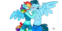 Size: 1366x686 | Tagged: safe, artist:little-pinkie-pie, rainbow dash, soarin', anthro, g4, belly button, blushing, clothes, female, floppy ears, holding hands, kissing, male, ship:soarindash, shipping, shorts, straight, surprise kiss, surprised, topless, wide eyes, wingboner