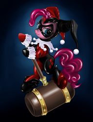 Size: 2900x3800 | Tagged: safe, artist:beamsaber, pinkie pie, g4, clothes, costume, cuffs (clothes), hammer, harley quinn, high res, size difference, weapon, wrist ruffs