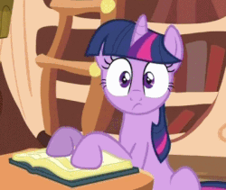 Size: 401x339 | Tagged: safe, screencap, twilight sparkle, a friend in deed, g4, animated, book, cropped, eyeroll, facebooking, facedesk, faceplant, female, frown, golden oaks library, solo, wide eyes