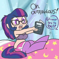 Size: 500x500 | Tagged: safe, artist:mt, oc, oc only, oc:glimmer, satyr, bed, book, dialogue, female, glasses, offspring, parent:twilight sparkle, solo