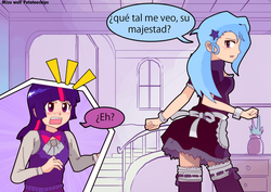 Size: 1722x1221 | Tagged: safe, artist:potatoochips, trixie, twilight sparkle, human, g4, blushing, clothes, female, humanized, lesbian, maid, ship:twixie, shipping, spanish, translated in the comments