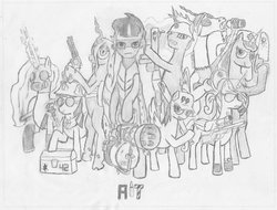 Size: 1024x779 | Tagged: safe, artist:appletank, discord, firefly, king sombra, nightmare moon, princess cadance, princess celestia, princess luna, queen chrysalis, twilight sparkle, alicorn, changeling, draconequus, pony, unicorn, g4, crossover, demoman, demoman (tf2), engineer, engineer (tf2), heavy weapons guy, medic, medic (tf2), monochrome, pencil drawing, ponified, pyro (tf2), scout (tf2), sketchy, sniper, sniper (tf2), soldier, soldier (tf2), spy, spy (tf2), team fortress 2, traditional art