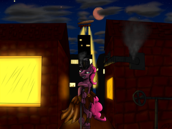 Size: 1600x1200 | Tagged: safe, artist:deviousfate, pinkie pie, g4, airship, blood moon, city, clothes, dress, female, night, solo, steam, steampunk