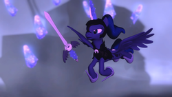 Size: 1366x768 | Tagged: safe, artist:fezwearingdoctor, princess luna, ghost, g4, 3d, armor, female, flying, gmod, solo, sword, weapon