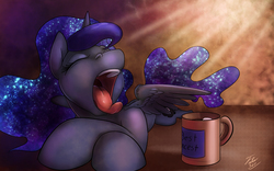 Size: 1200x748 | Tagged: safe, artist:tsitra360, princess luna, g4, coffee, female, solo, tongue out, yawn