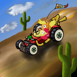 Size: 600x600 | Tagged: safe, artist:limeylassen, apple bloom, applejack, g4, cactus, car, desert, racecar